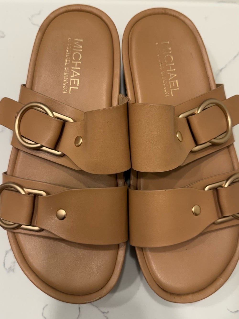 Michael by Michael Shannon Tan Leather Double-Band Slide Sandals size 8